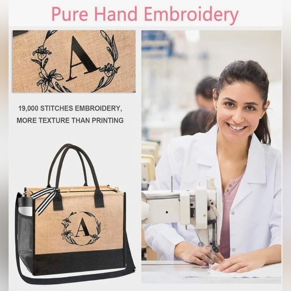 Monogrammed Embroidered Jute Tote Bag Zipper Pocket -Personalized Gift- Letter J - Picture 11 of 11